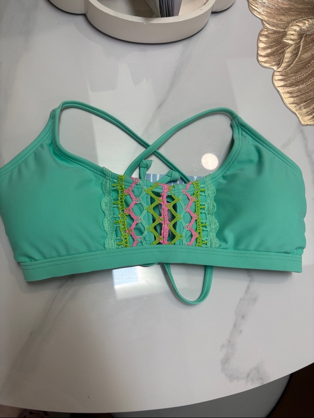 In motion NWT Aqua Green Crochet-Accent Bikini Top padded criss cross tie back M